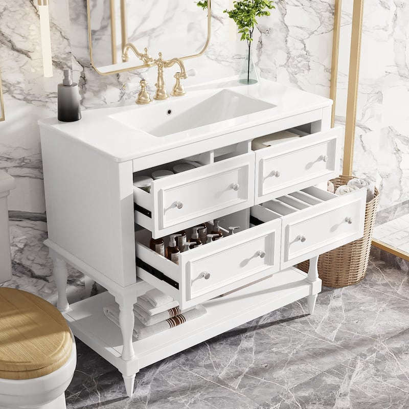 Free Standing Bathroom Vanity Cabinet with Sink, 4 Drawers, Solid Wood Frame, Silver Metal Knobs and Large Open Storage Shelf