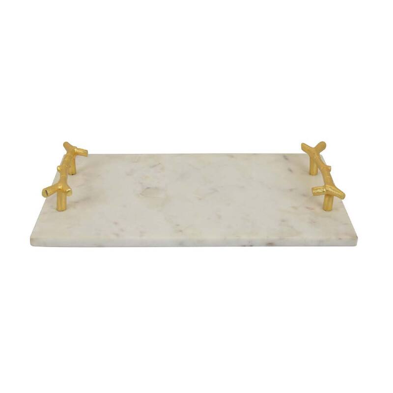 Pammy Decorative Tray, Gold Branch-Like Handles, White Marble 16 Inch