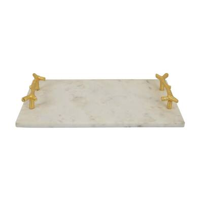 Pammy Decorative Tray, Gold Branch-Like Handles, White Marble 16 Inch