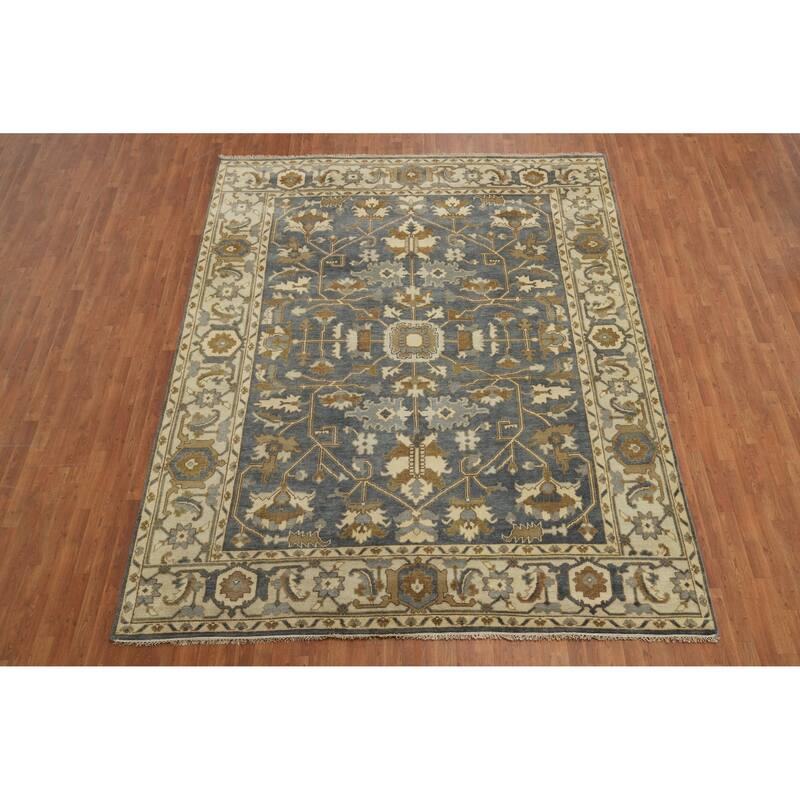 Handmade Oushak Indian Area Rug, Gray Wool Floral Carpet - 11' 7'' X 9' 2''