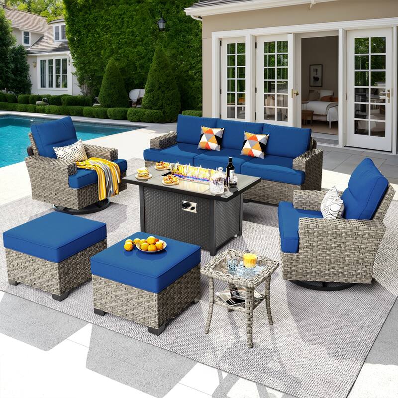 OVIOS 9 Pieces T shaped Seat Wide Armrest Swivel Chair Set With Fire Pit - NavyBlue