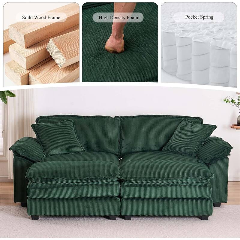 Modern 2-Seater Corduroy Sofa with 4 Support Pillows and 2 Ottomans