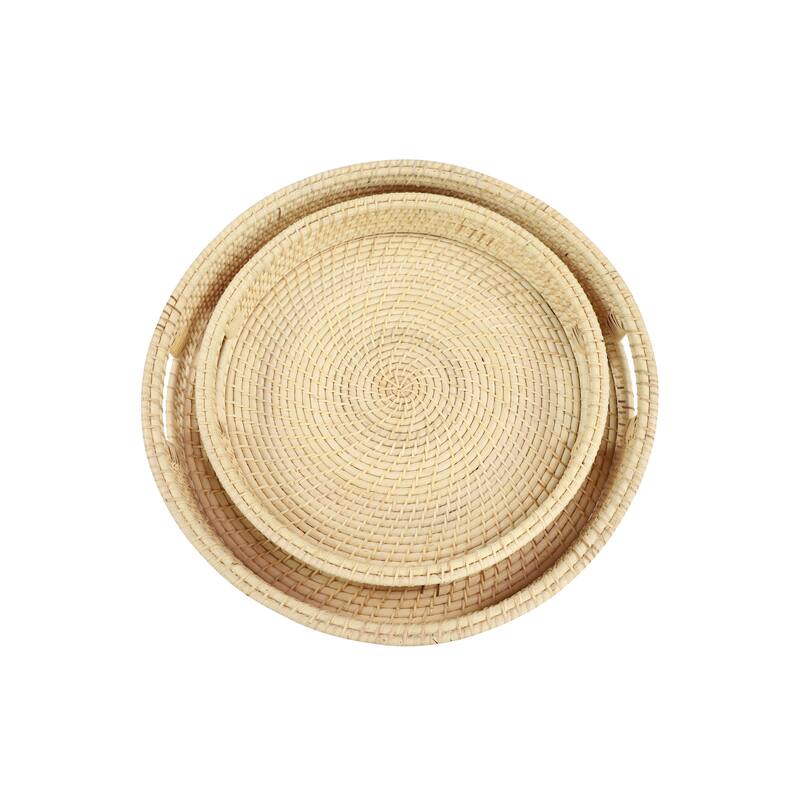 Cream Rattan Living Room Decor Tray with Slot Handles (Set of 2) - 20 x 20 x 3Round