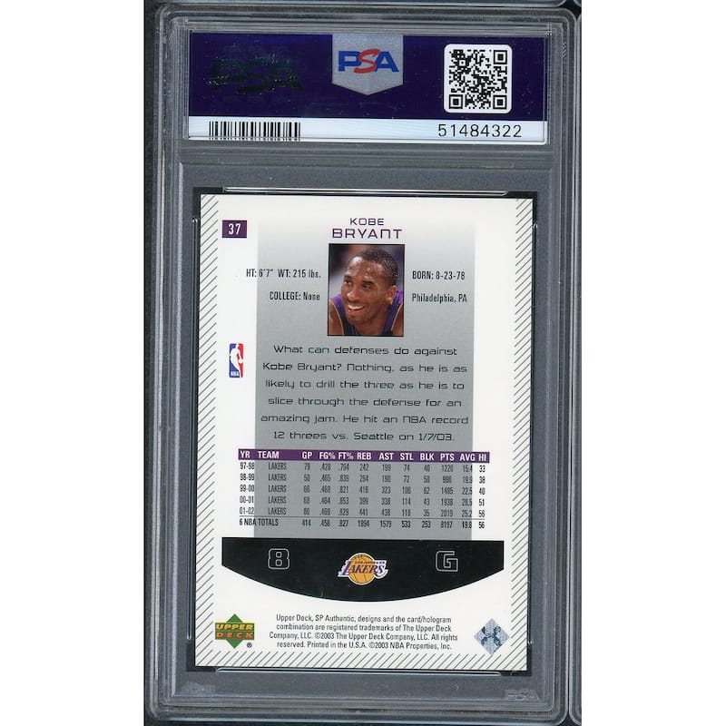 Kobe Bryant 2002 SP Authentic Upper Deck Basketball Card #37 Graded PSA 10 GEM MINT - 8'6" x 11'6"