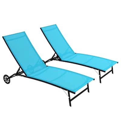 Outdoor 2 Piece Chaise Lounge with Wheels, Tanning Chair with 5 Adjustable Positions for Patio, Beach, Yard, Pool