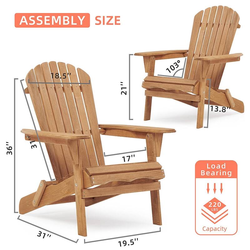 Wood Folding Adirondack Chair Set of 2, Lounge Chair for Outdoor - 31"D x 28"W x 36"H