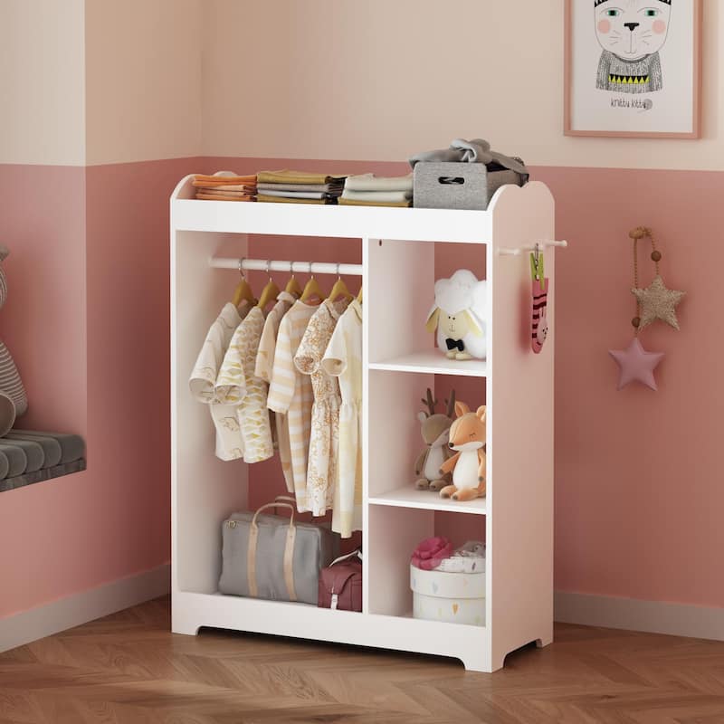 Kids Dress Up Storage with Mirror and Hooks, Wooden Clothes Rack with Hanging Rod, 3 Side Hooks, Storage Shelves and Top Shelf
