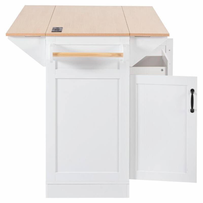 55.7" Kitchen Island with Drop Leaves, Rolling Cart with Power Outlet, Spice Rack, and 3 Drawers