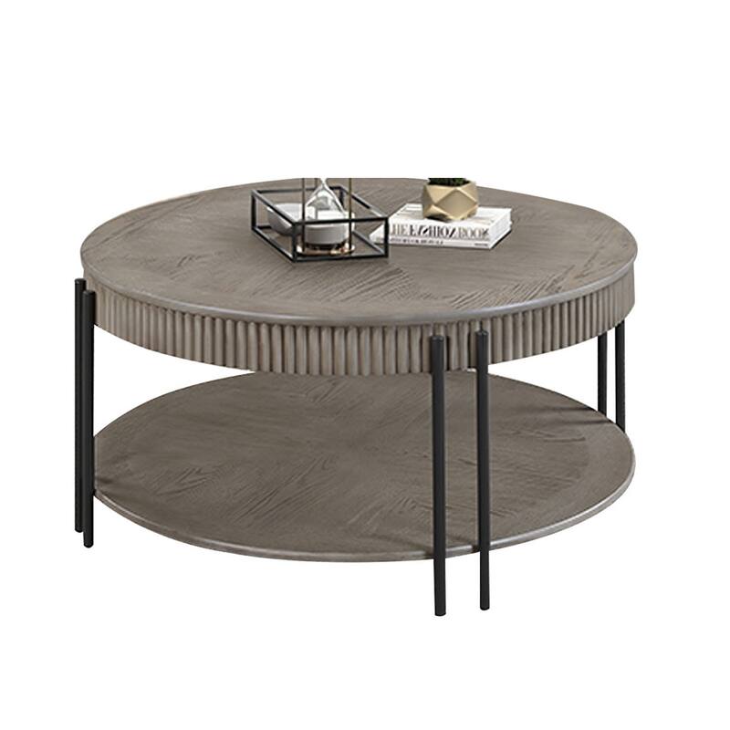 Pery Coffee Table, 38 Inch, Light Gray Round Top, Sleek Iron Legs