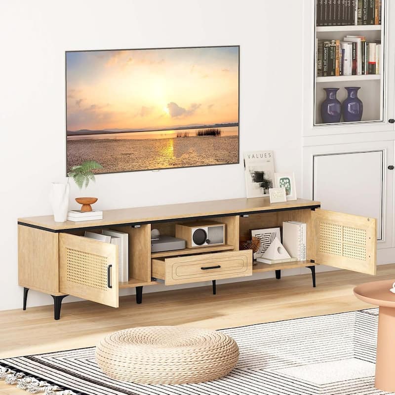 TV Stand Entertainment Center Boho Rattan Media Console Cabinet