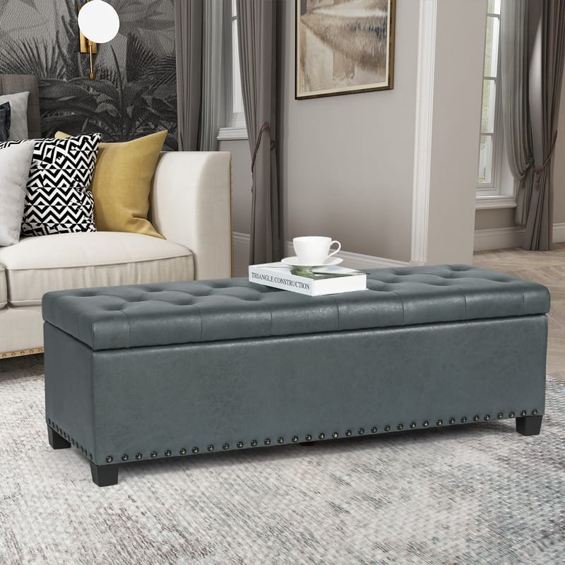 Adeco Storage Ottoman Faux Leather Button Tufted Bench Rectangle Footrest - Grey