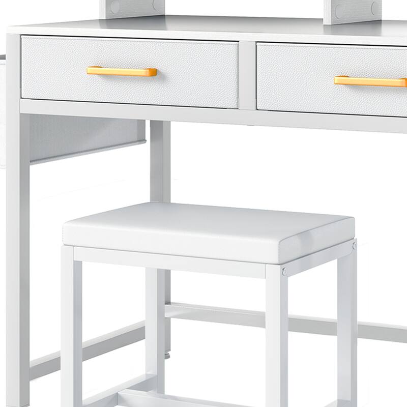 Moasis Vanity Desk with Mirror & Lights, Cream White Makeup Table Set with Stool - 31.5'' W X 21.5''D X 30''H