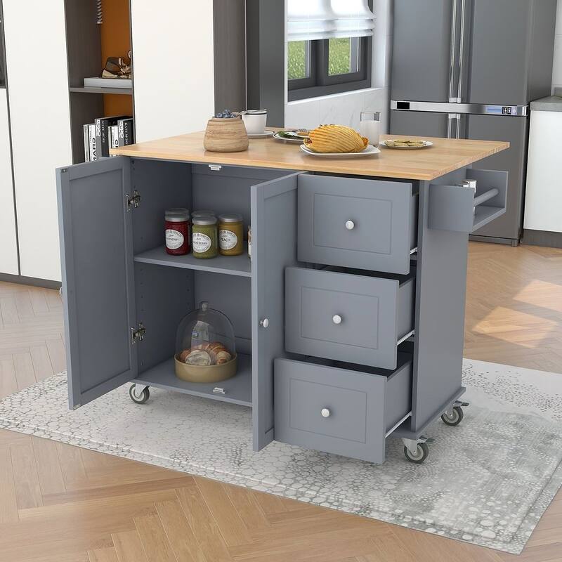 Rolling Mobile Kitchen Island with Wheels Drop Leaf, Solid Wood Top