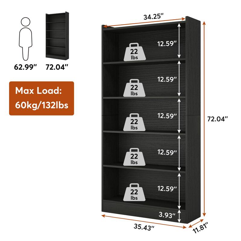 72-inch Bookcase, Modern 6-Tier White Bookshelf, Wood Display Shelf