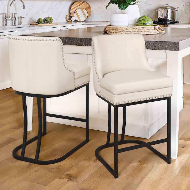 Modern 26" Barstool with Back Metal Frame Stool Counter Height Bar Stools and 6" Thick Cushion for Kitchen Island - Ivory/Faux Leather - Set of 2