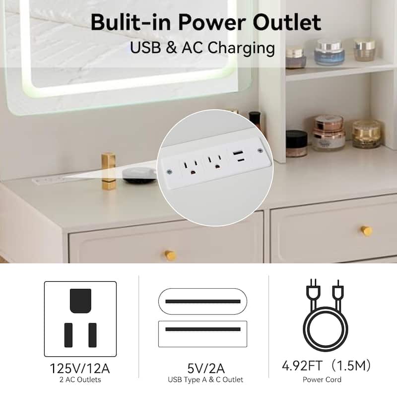 Modern Makeup Vanity Set with PU Cushioned Stool, Retractable Dressing Table Vanity Desk with Mirror, Light & Power Outlet