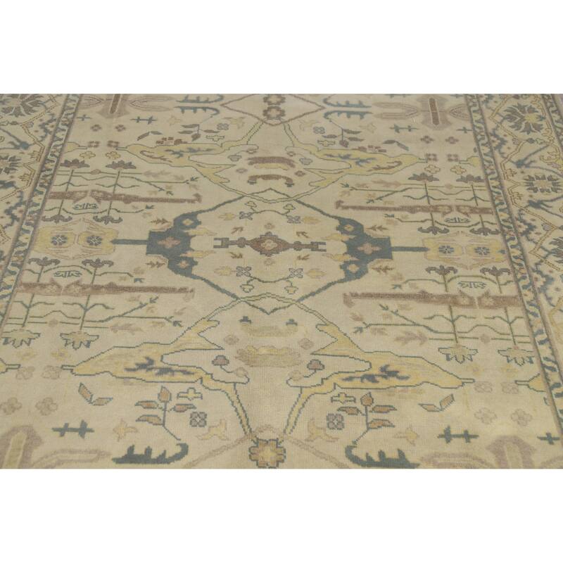 Earth Tone Oushak Style Area Rug Handmade Beige Floral Wool Carpet - 7'9" x 9'10"