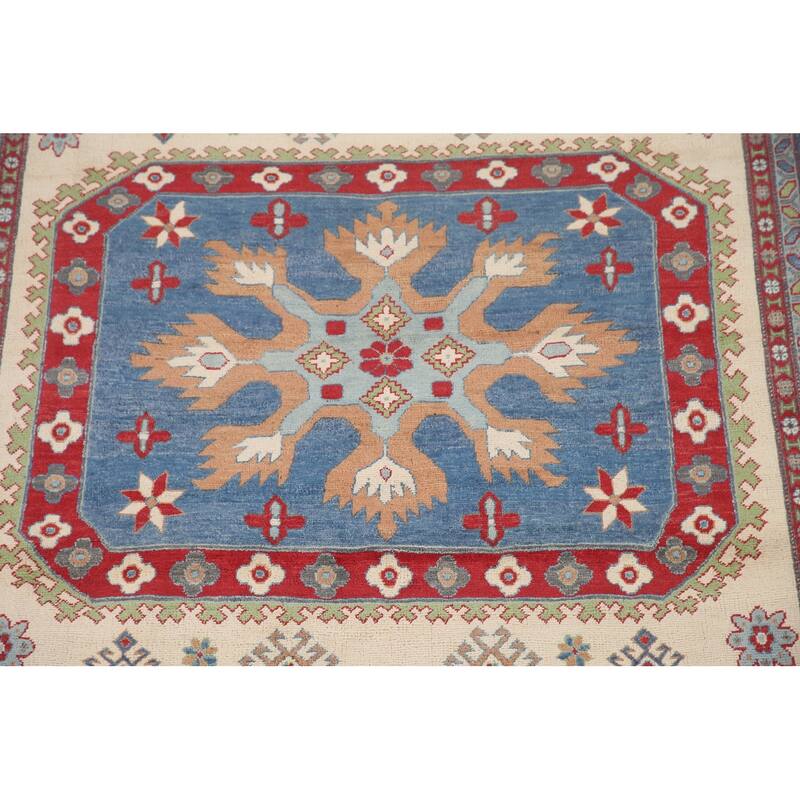 Hand Knotted Oriental 100% Wool Carpet Traditional Geometric Beige & Ivories Kazak Area Rug - 9' 11'' X 6' 8''