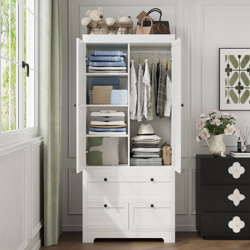 Meyreso White Modular Wardrobe Closet with Drawers, Convertible Stacking Armoire - N/A