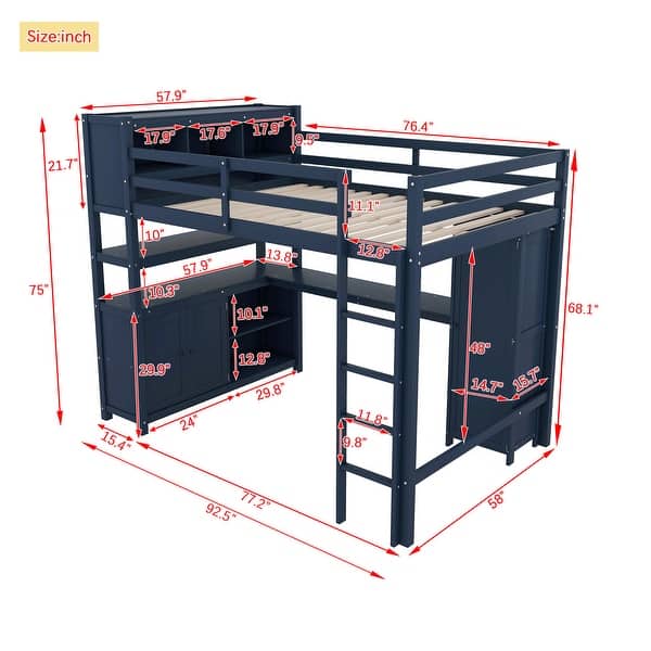 dimension image slide 0 of 2, Multifunctional Full Size Wooden Loft Kids Bed with Storage Cabinet,Bookshelf,Wardrobe,Desk,Guardrail