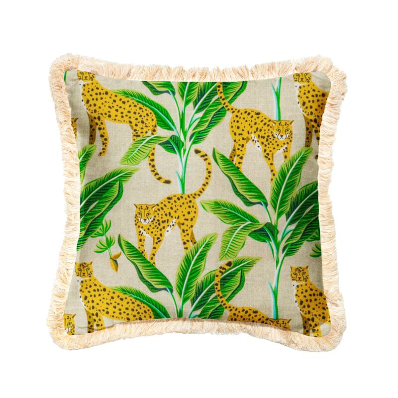 Cheetah Print Indoor/Outdoor Square Pillow with Fringe - 18 in L x 18 in W