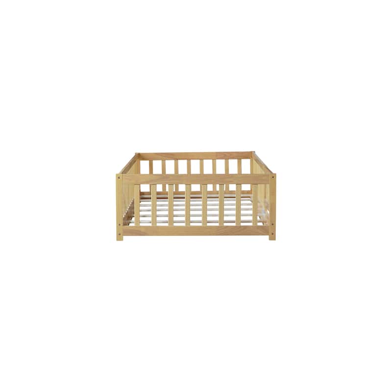 Twin Size Floor Bed With Fence And Door,Rubber Wood Floor Bed With Safety Guardrails