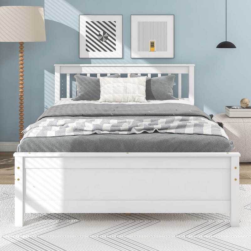 White Pine Wood Full Bed with Slatted Headboard and Footboard - No Box Spring Required, Includes Nightstand