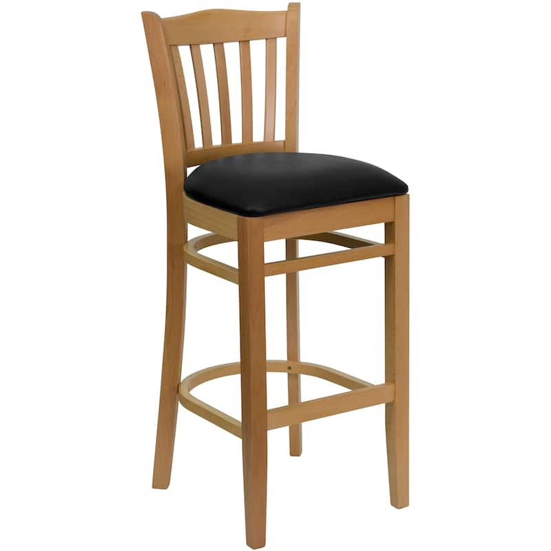 Vertical Slat Back Wooden Restaurant Barstool - Hospitality Seating - 17.5"W x 19"D x 43.75"H - 17.5"W x 19"D x 43.75"H - Black Vinyl Seat/ Natural Wood Frame