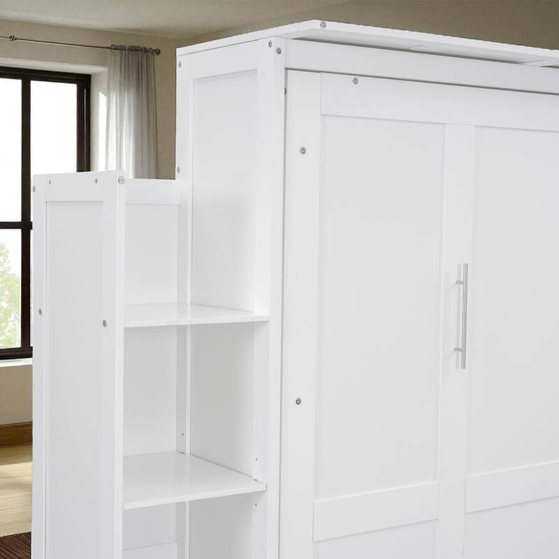 Full/Queen Murphy Wall Bed with Shelves & LED, Dual-Piston, 8 in Mattress, 600 lb Capacity, Space-Saving