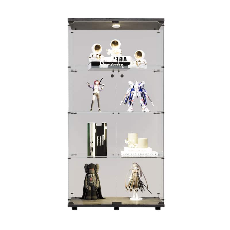 LED lights Glass Display Cabinet with 4-Shelves&2 Doors, Floor Standing Curio Bookshelf for Living Room Bedroom Collection Room