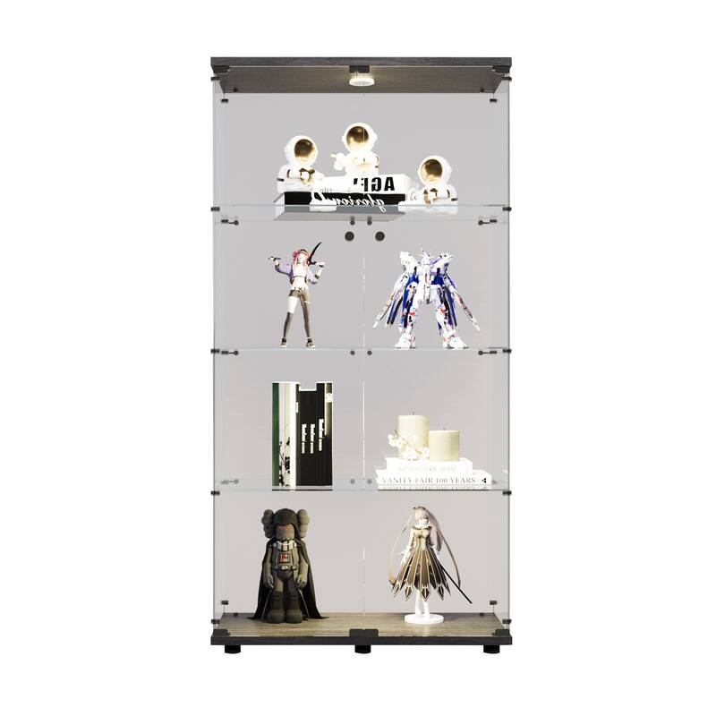 Two-door LED lights Glass Display Cabinet 4 Shelves with Door, Floor Standing Curio Bookshelf for Living Room