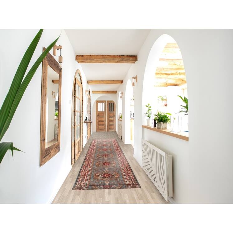 Light Blue Geometric Heriz Serapi Runner Rug Handmade Wool Carpet - 2'8"x 15'9"