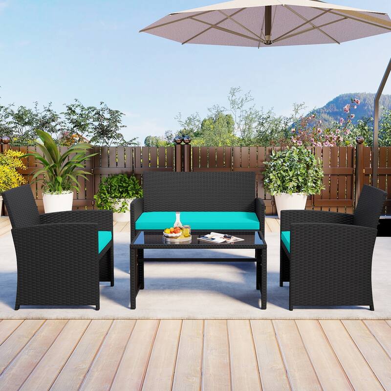 4 Piece Outdoor Patio Furniture Set Black Rattan Loveseat Armchairs and Coffee Table with Cushions