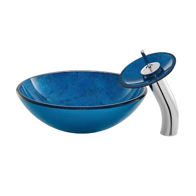Vincennes 16.5 Glass Vessel Sink With Faucet, Ocean Blue - 16.55" x 16.55" 5.7"