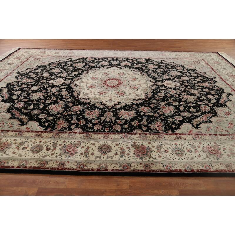 Black Aubusson Chinese Vintage Large Rug Hand-Knotted Wool Carpet - 10'3" x 14'1"