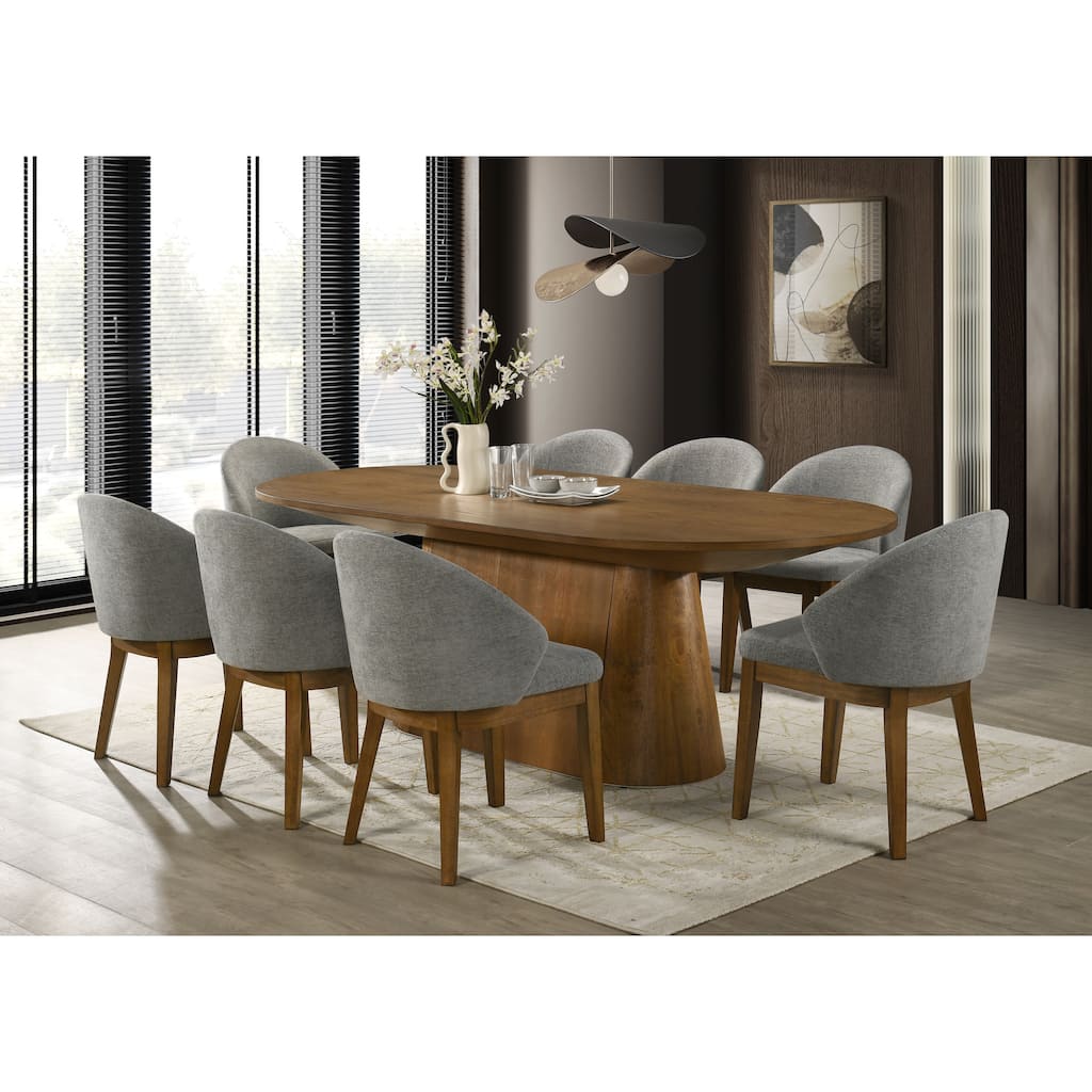 Andrew 9-Piece Oval Dining Set, 88-inch Walnut Finish Pedestal Table with 8 Light Gray Fabric Upholstered Chairs, Seats 8