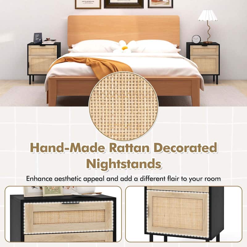 Costway Rattan Nightstand Set of 2 Mid Century Modern End Table with - See Details