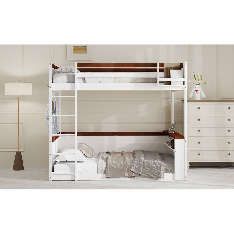Queen Size Pinewood Bunk Bed with Built-in Shelves, Storage Box, LED Lights and USB Charging Station