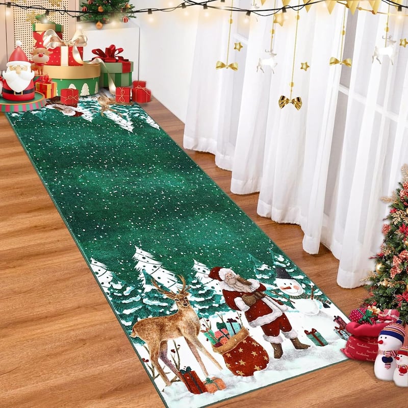 Soft Non-Slip Washable Christmas Santa Claus Area Rugs, Xmas Holiday Decor, Green - 2*6ft