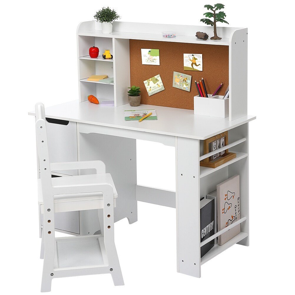 Wooden Study Desk and Chair Set for Kids White Learning Table Bulletin Board and Cabinets for Boys and Girls Ages 3 8