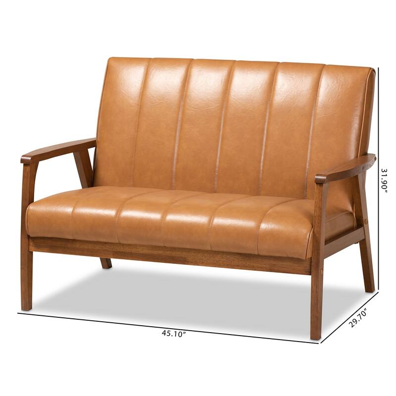 NikkoTan Faux Leather and Walnut Brown finished Wood Loveseat
