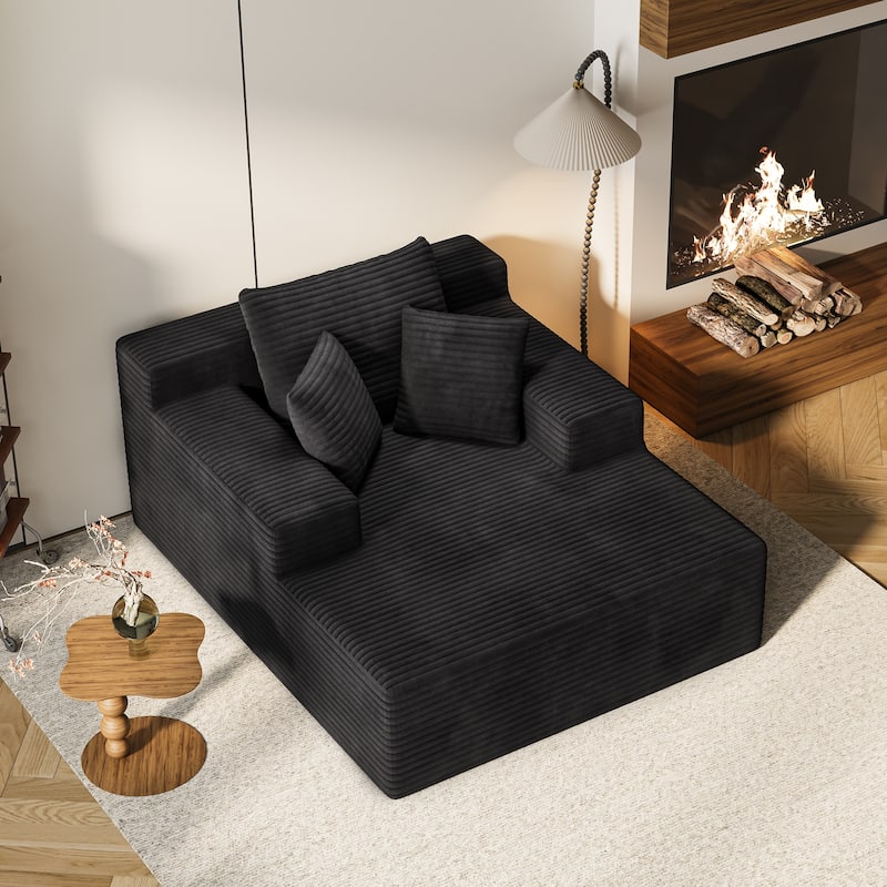 64.96" Chaise Lounge Chair Sofa Bed, Deep-Seat Corduroy Upholstered Couch, Living Room Sleeper - Black
