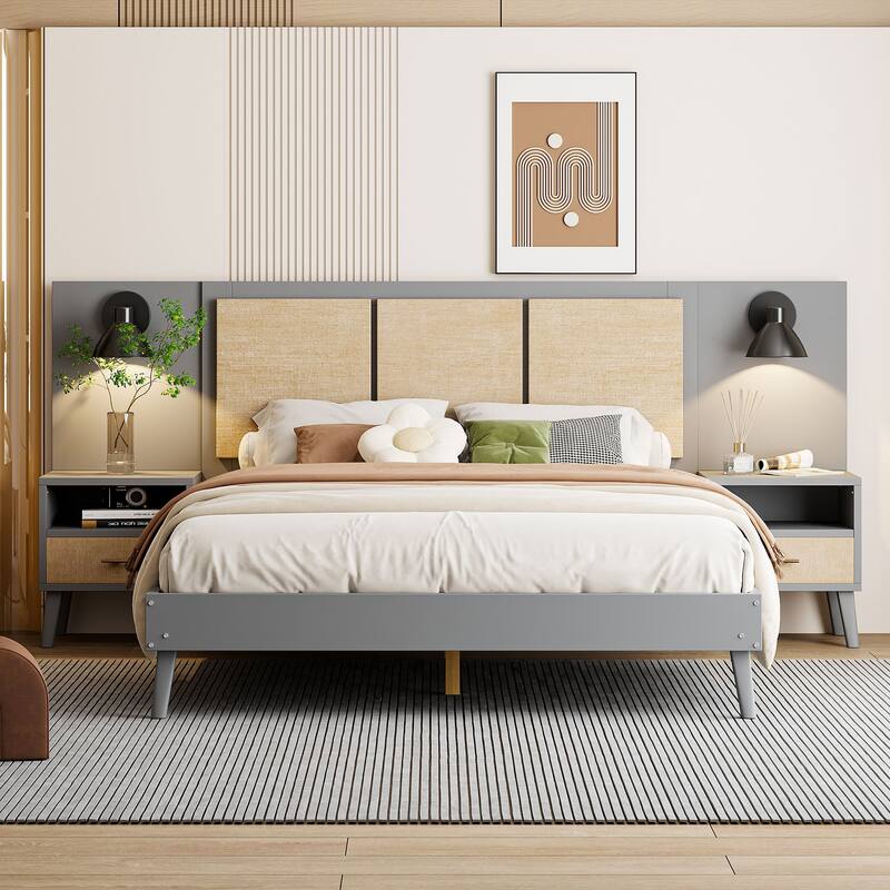 Wood Queen Size Bed Frame Elegant Platform Bed with 2 Storage Nightstands and 2 Lamps, No Box Spring Needed