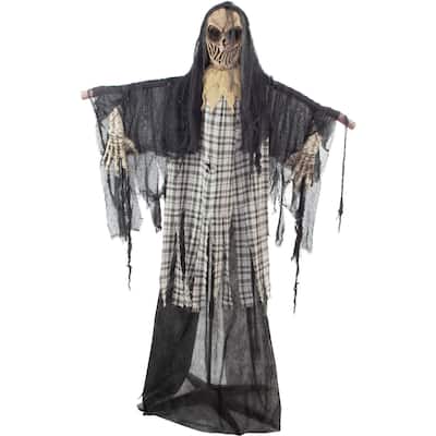 Haunted Hill Farm 70-In. Charles the Animated Scarecrow Reaper, Indoor or Covered Outdoor Halloween Decoration, Battery Operated