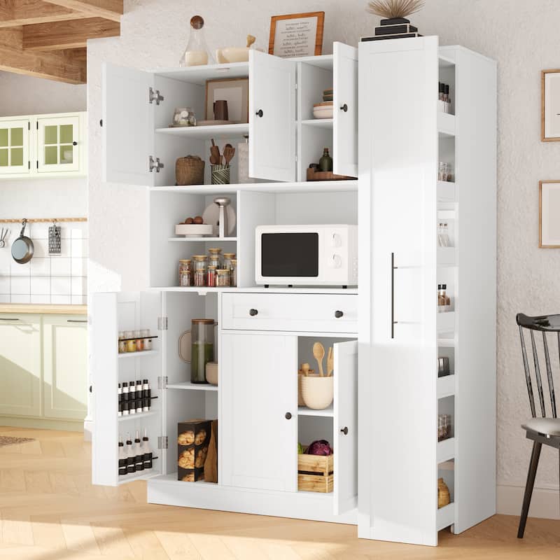 52.8" Buffet Cabinet with Hutch - Kitchen Pantry Storage with Pull-Out Side Cabinet, Shelves & Drawers - Sideboard Cupboard - White