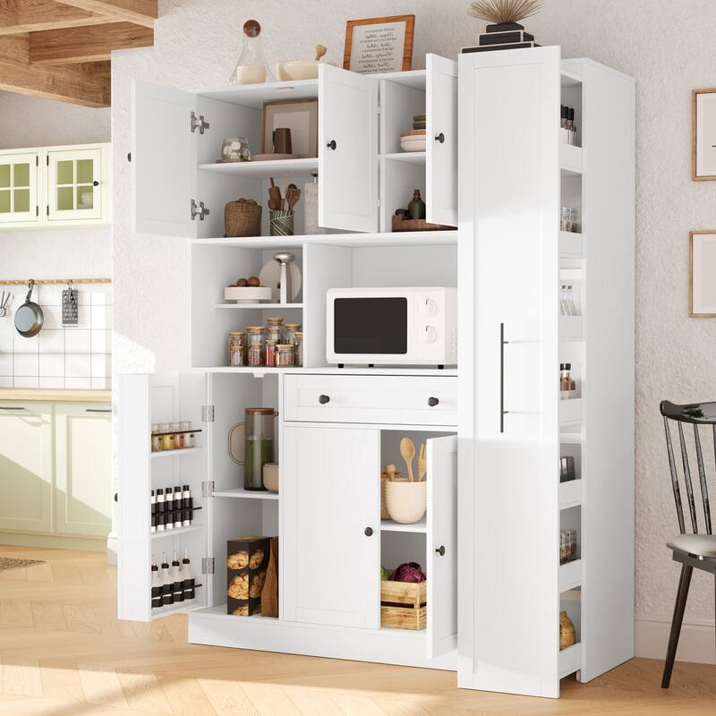 Roomfitters Large Kitchen Pantry Cabinet with Pull-Out Side Storage and Hutch, Shaker Style Buffet