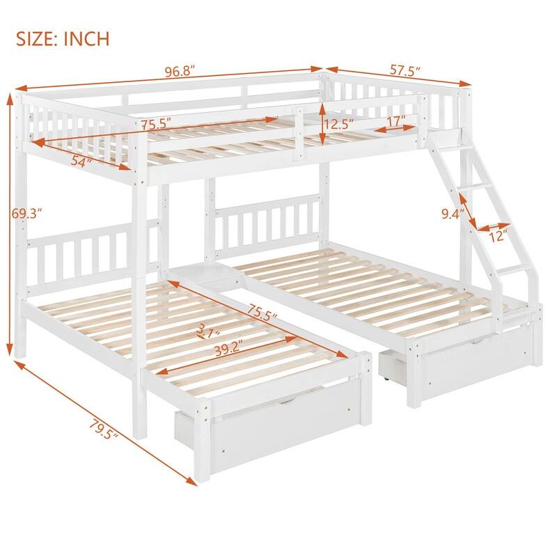 Full Over Twin & Twin Triple Bunk Bed with Drawers and Guardrails