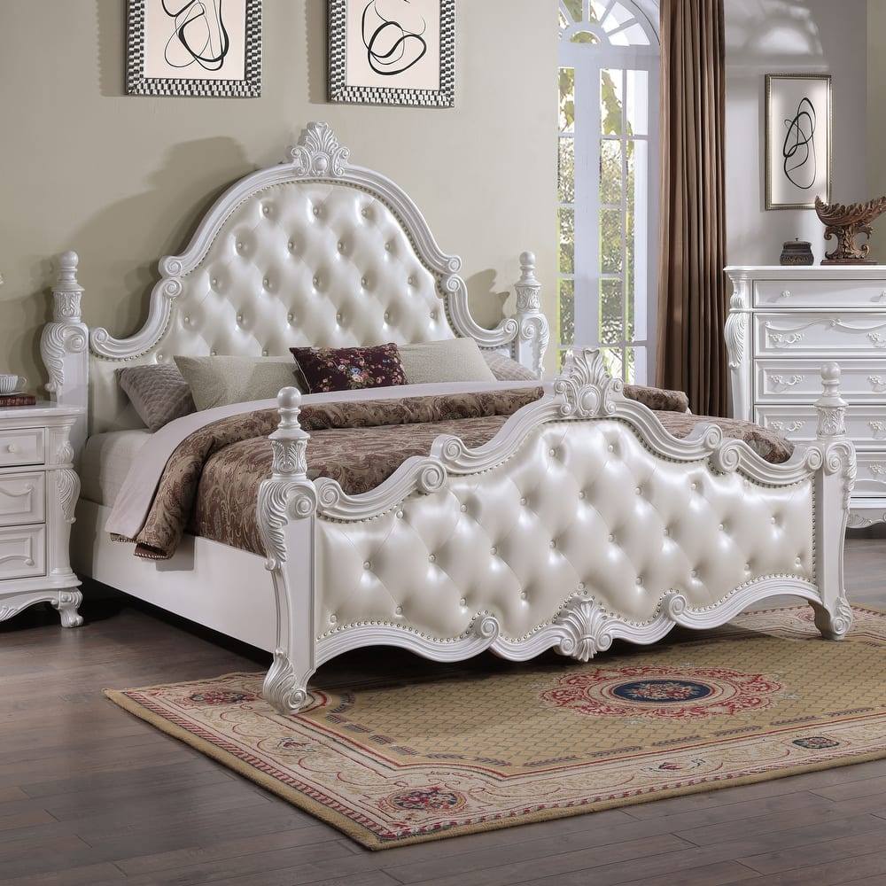 Furniture of America Eugene Traditional Faux Leather Button Tufted Four Poster Panel Bed