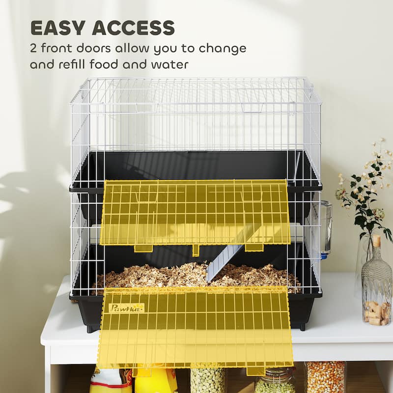 PawHut 2-Tier Guinea Pig Cage, Ferret Cage, Chinchilla Cage, Small Animal Cage Indoor with Dish and Bottle, 2 Doors