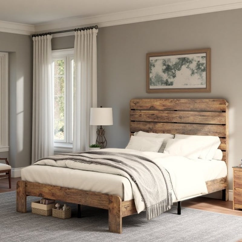 King Wood Platform Bed Frame with Large Under-Bed Storage, Noise-Free Metal & Wood Construction Design